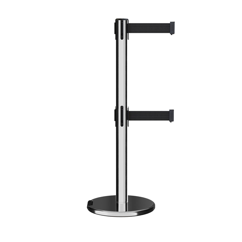 Retractable Dual Belt Barrier Stanchion, Rolling Base, Polished Stainless Steel Post, 13 ft Belt - Montour Line ME630D