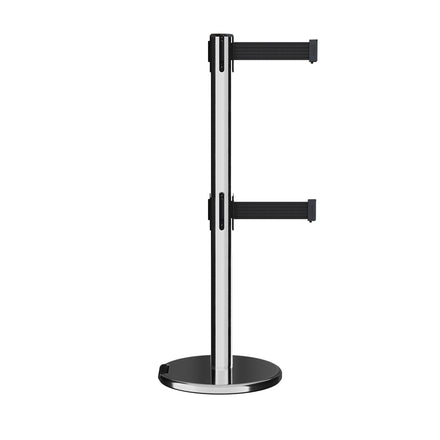 Retractable Dual Belt Barrier Stanchion, Cast Iron Base, Polished Stainless Steel Post, 11 ft Belt - Montour Line MI630D