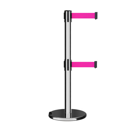 Retractable Dual Belt Barrier Stanchion, Rolling Base, Polished Stainless Steel Post, 9 ft Belt - Montour Line ME630D