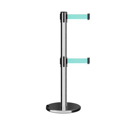 Retractable Dual Belt Barrier Stanchion, Rolling Base, Polished Stainless Steel Post, 11 ft Belt - Montour Line ME630D