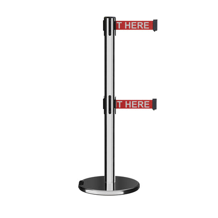 Retractable Dual Belt Barrier Stanchion, Rolling Base, Polished Stainless Steel Post, 11 ft Belt - Montour Line ME630D