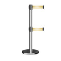 Retractable Dual Belt Barrier Stanchion, Rolling Base, Polished Stainless Steel Post, 11 ft Belt - Montour Line ME630D
