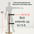 Retractable Dual Belt Barrier Stanchion, Rolling Base, Satin Brass Post, 13 ft Belt - Montour Line ME630D