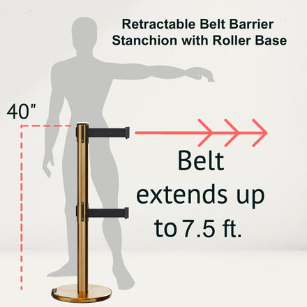 Retractable Dual Belt Barrier Stanchion, Rolling Base, Satin Brass Post, 7.5 ft Belt - Montour Line ME630D