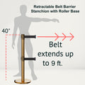 Retractable Dual Belt Barrier Stanchion, Rolling Base, Satin Brass Post, 9 ft Belt - Montour Line ME630D