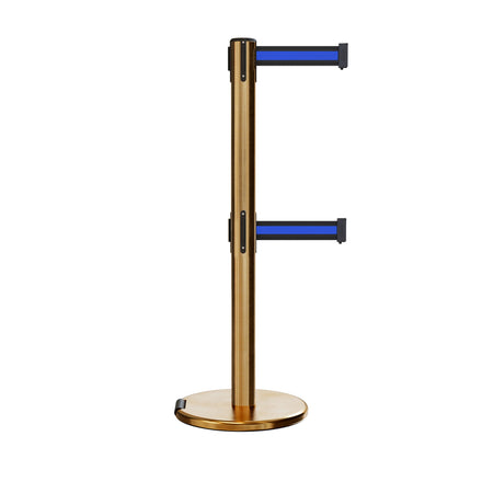 Retractable Dual Belt Barrier Stanchion, Rolling Base, Satin Brass Post, 13 ft Belt - Montour Line ME630D