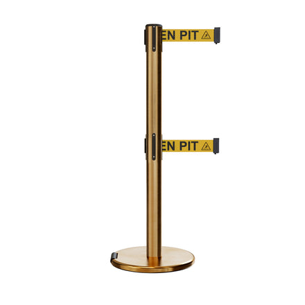 Retractable Dual Belt Barrier Stanchion, Rolling Base, Satin Brass Post, 9 ft Belt - Montour Line ME630D