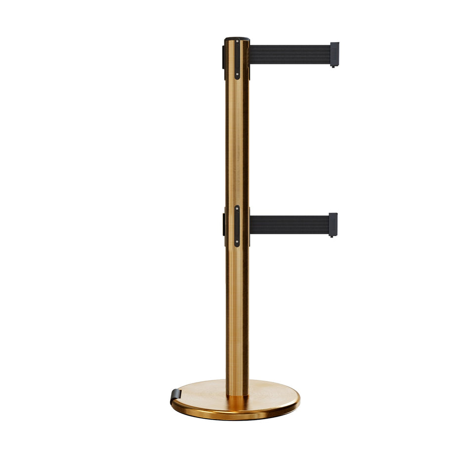 Retractable Dual Belt Barrier Stanchion, Rolling Base, Satin Brass Post, 9 ft Belt - Montour Line ME630D