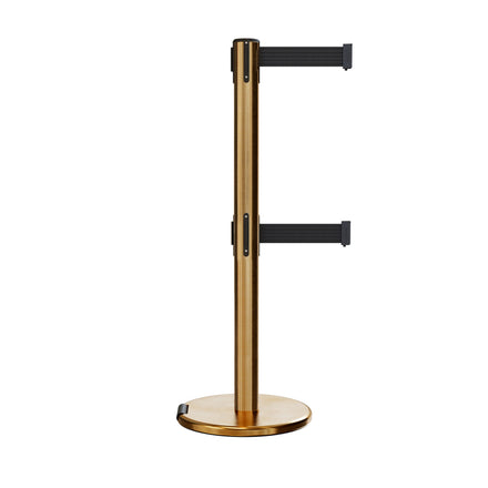 Retractable Dual Belt Barrier Stanchion, Rolling Base, Satin Brass Post, 13 ft Belt - Montour Line ME630D