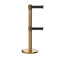 Retractable Dual Belt Barrier Stanchion, Rolling Base, Satin Brass Post, 11 ft Belt - Montour Line ME630D