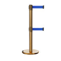Retractable Dual Belt Barrier Stanchion, Rolling Base, Satin Brass Post, 11 ft Belt - Montour Line ME630D