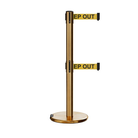 Retractable Dual Belt Barrier Stanchion, Rolling Base, Satin Brass Post, 9 ft Belt - Montour Line ME630D