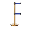 Retractable Dual Belt Barrier Stanchion, Rolling Base, Satin Brass Post, 11 ft Belt - Montour Line ME630D