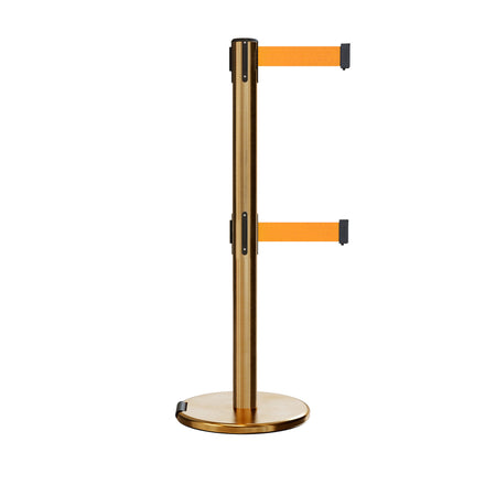 Retractable Dual Belt Barrier Stanchion, Rolling Base, Satin Brass Post, 9 ft Belt - Montour Line ME630D