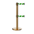 Retractable Dual Belt Barrier Stanchion, Rolling Base, Satin Brass Post, 9 ft Belt - Montour Line ME630D