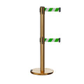 Retractable Dual Belt Barrier Stanchion, Rolling Base, Satin Brass Post, 13 ft Belt - Montour Line ME630D