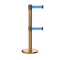 Retractable Dual Belt Barrier Stanchion, Rolling Base, Satin Brass Post, 9 ft Belt - Montour Line ME630D