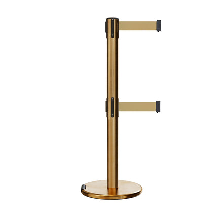 Retractable Dual Belt Barrier Stanchion, Rolling Base, Satin Brass Post, 13 ft Belt - Montour Line ME630D