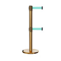 Retractable Dual Belt Barrier Stanchion, Rolling Base, Satin Brass Post, 9 ft Belt - Montour Line ME630D