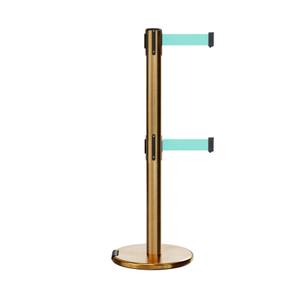 Retractable Dual Belt Barrier Stanchion, Rolling Base, Satin Brass Post, 9 ft Belt - Montour Line ME630D