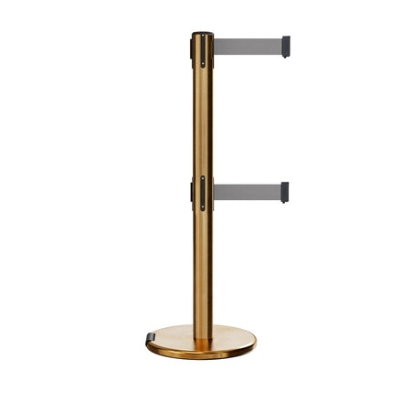 Retractable Dual Belt Barrier Stanchion, Rolling Base, Satin Brass Post, 13 ft Belt - Montour Line ME630D