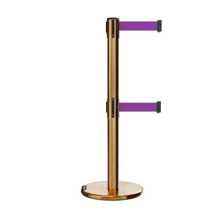 Retractable Dual Belt Barrier Stanchion, Rolling Base, Satin Brass Post, 13 ft Belt - Montour Line ME630D