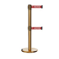 Retractable Dual Belt Barrier Stanchion, Rolling Base, Satin Brass Post, 9 ft Belt - Montour Line ME630D