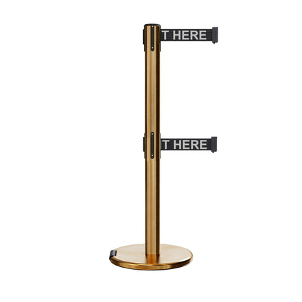 Retractable Dual Belt Barrier Stanchion, Rolling Base, Satin Brass Post, 13 ft Belt - Montour Line ME630D