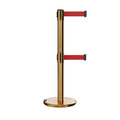 Retractable Dual Belt Barrier Stanchion, Rolling Base, Satin Brass Post, 9 ft Belt - Montour Line ME630D