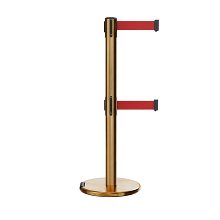 Retractable Dual Belt Barrier Stanchion, Rolling Base, Satin Brass Post, 9 ft Belt - Montour Line ME630D