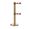 Retractable Dual Belt Barrier Stanchion, Rolling Base, Satin Brass Post, 9 ft Belt - Montour Line ME630D