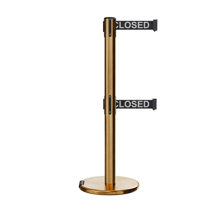 Retractable Dual Belt Barrier Stanchion, Rolling Base, Satin Brass Post, 13 ft Belt - Montour Line ME630D