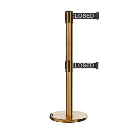 Retractable Dual Belt Barrier Stanchion, Rolling Base, Satin Brass Post, 11 ft Belt - Montour Line ME630D