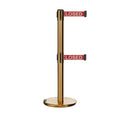 Retractable Dual Belt Barrier Stanchion, Rolling Base, Satin Brass Post, 13 ft Belt - Montour Line ME630D