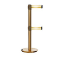 Retractable Dual Belt Barrier Stanchion, Rolling Base, Satin Brass Post, 9 ft Belt - Montour Line ME630D