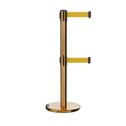 Retractable Dual Belt Barrier Stanchion, Rolling Base, Satin Brass Post, 9 ft Belt - Montour Line ME630D
