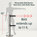 Retractable Dual Belt Barrier Stanchion, Rolling Base, Satin Stainless Steel Post, 11 ft Belt - Montour Line ME630D
