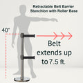 Retractable Dual Belt Barrier Stanchion, Rolling Base, Satin Stainless Steel Post, 7.5 ft Belt - Montour Line ME630D