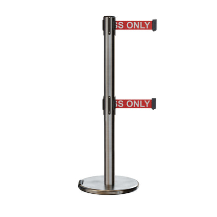 Retractable Dual Belt Barrier Stanchion, Rolling Base, Satin Stainless Steel Post, 13 ft Belt - Montour Line ME630D