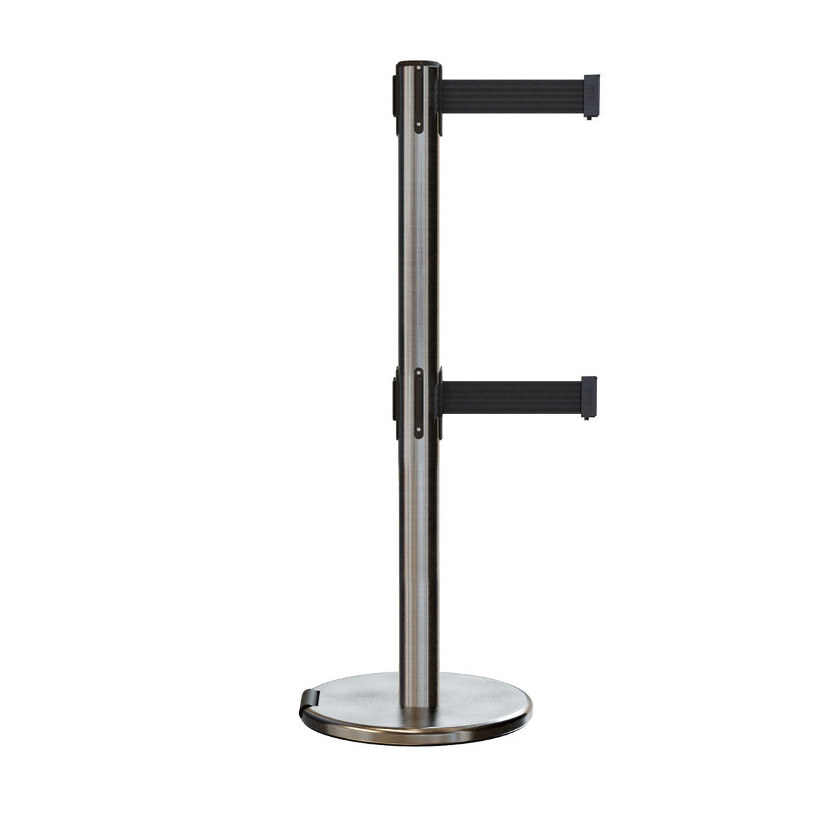 Retractable Dual Belt Barrier Stanchion, Rolling Base, Satin Stainless Steel Post, 13 ft Belt - Montour Line ME630D