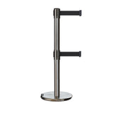 Retractable Dual Belt Barrier Stanchion, Rolling Base, Satin Stainless Steel Post, 13 ft Belt - Montour Line ME630D