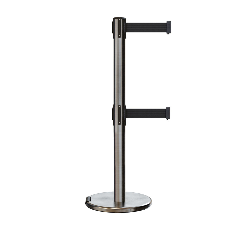 Retractable Dual Belt Barrier Stanchion, Rolling Base, Satin Stainless Steel Post, 13 ft Belt - Montour Line ME630D