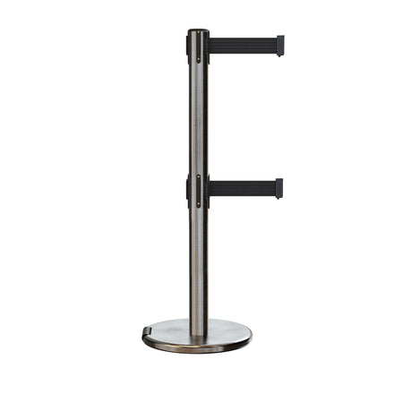 Retractable Dual Belt Barrier Stanchion, Rolling Base, Satin Stainless Steel Post, 13 ft Belt - Montour Line ME630D