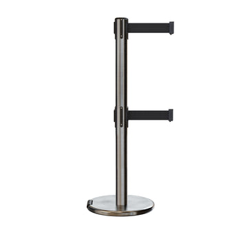 Retractable Dual Belt Barrier Stanchion, Rolling Base, Satin Stainless Steel Post, 7.5 ft Belt - Montour Line ME630D