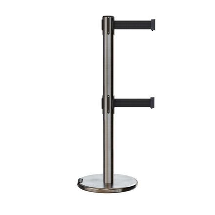 Retractable Dual Belt Barrier Stanchion, Rolling Base, Satin Stainless Steel Post, 7.5 ft Belt - Montour Line ME630D