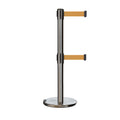 Retractable Dual Belt Barrier Stanchion, Rolling Base, Satin Stainless Steel Post, 7.5 ft Belt - Montour Line ME630D