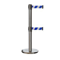 Retractable Dual Belt Barrier Stanchion, Rolling Base, Satin Stainless Steel Post, 7.5 ft Belt - Montour Line ME630D