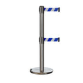 Retractable Dual Belt Barrier Stanchion, Rolling Base, Satin Stainless Steel Post, 13 ft Belt - Montour Line ME630D