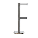Retractable Dual Belt Barrier Stanchion, Rolling Base, Satin Stainless Steel Post, 13 ft Belt - Montour Line ME630D