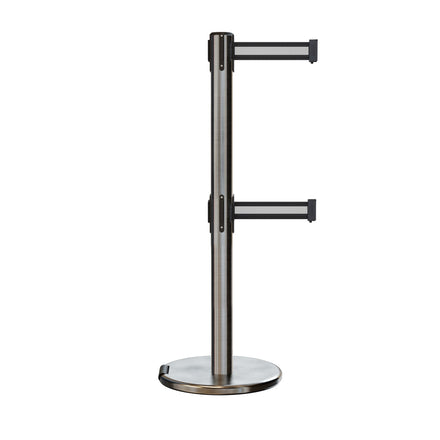 Retractable Dual Belt Barrier Stanchion, Rolling Base, Satin Stainless Steel Post, 13 ft Belt - Montour Line ME630D